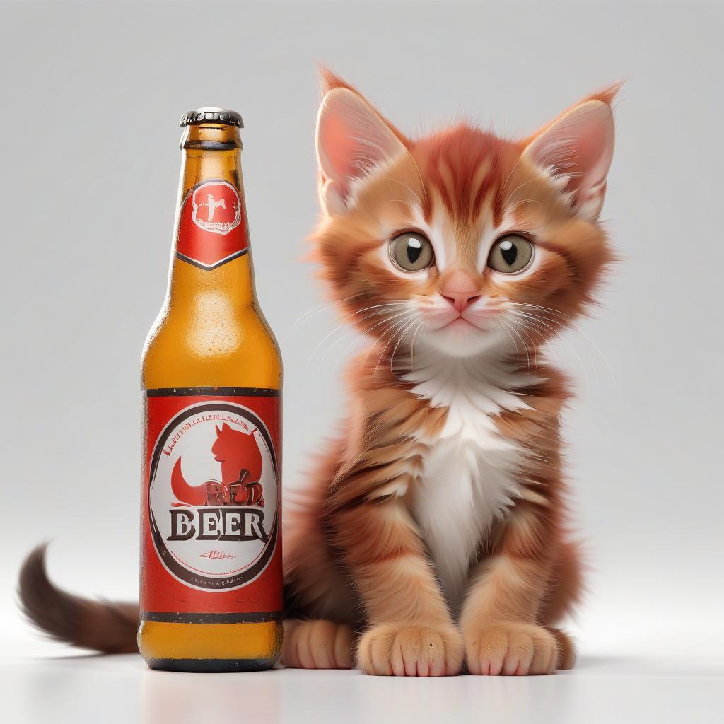  red and brown kitten sit with a beer on a white background