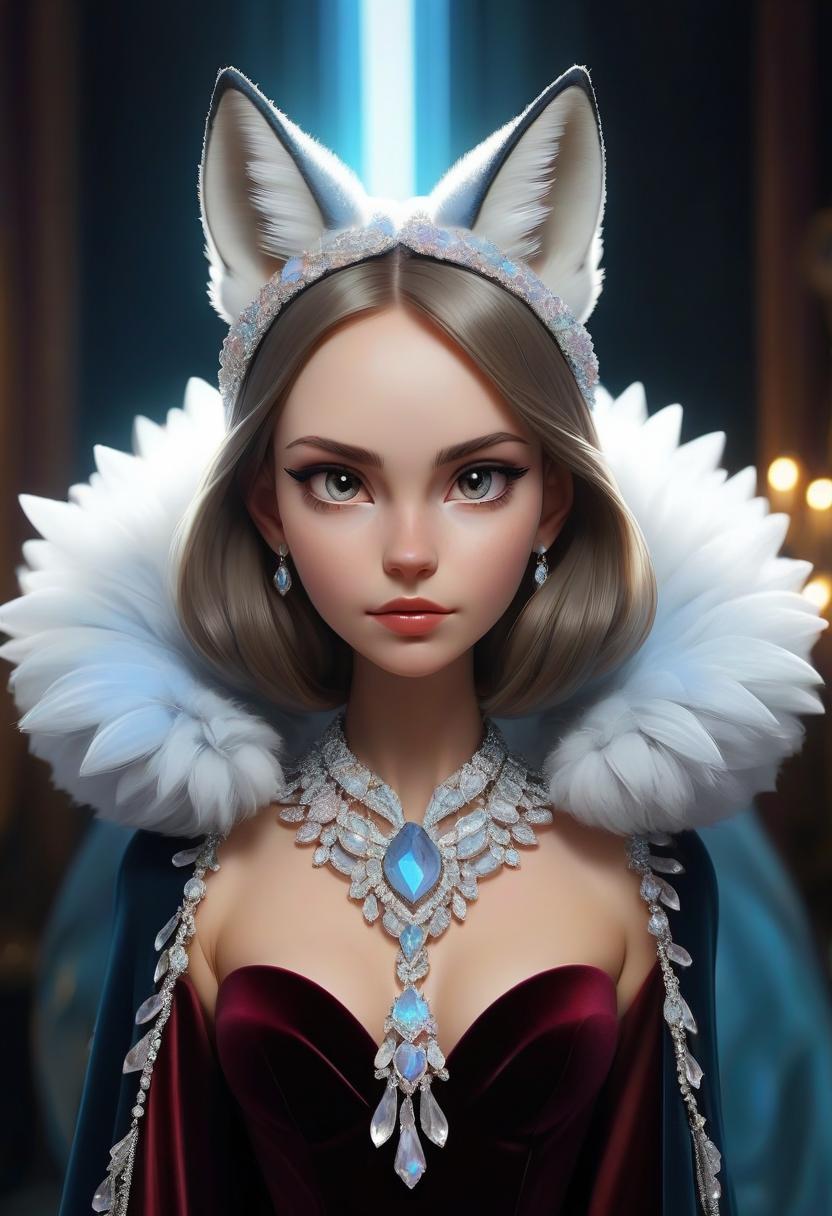  girl from crystals. tiadem in the form of silver ears of a fox made of crystals. collar by a fan of colored crystals. velvet cape