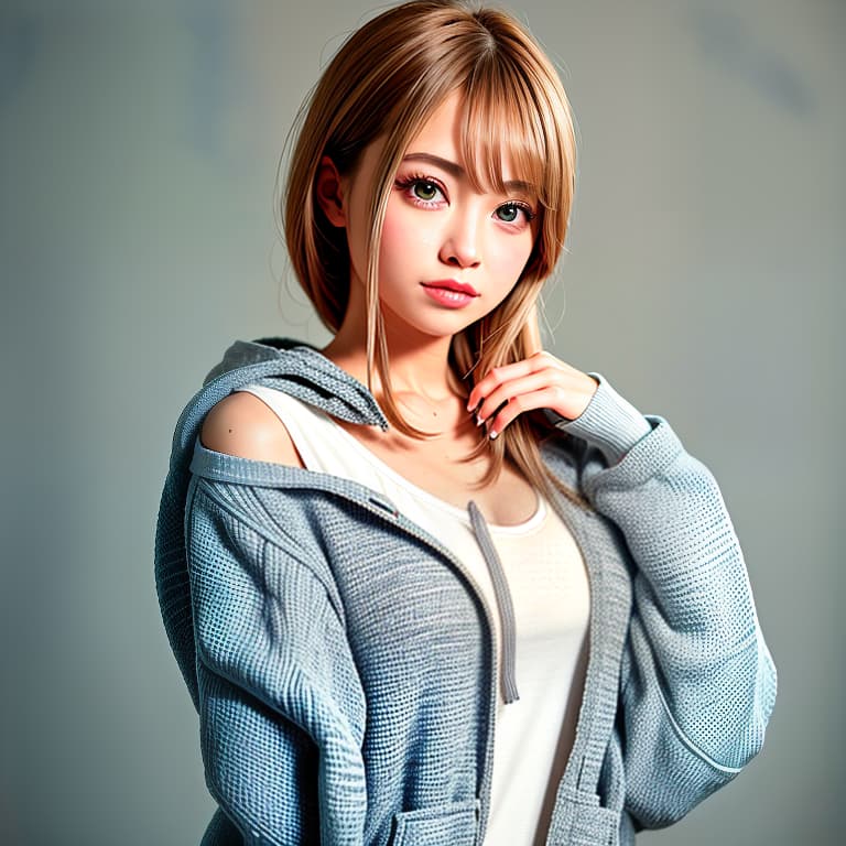  a stunningly beautiful, photorealistic, highly detailed, and sharply focused image of a woman wearing a gray hoodie, captured in bright, soft, diffused lighting and professionally color graded.