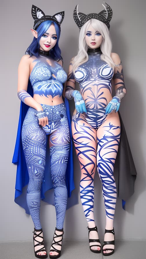  Blue and White Spider-patterned body paint in every corner of the whole body, full-body, Black body paint,Silver face paint on the face,Two elfs 女性