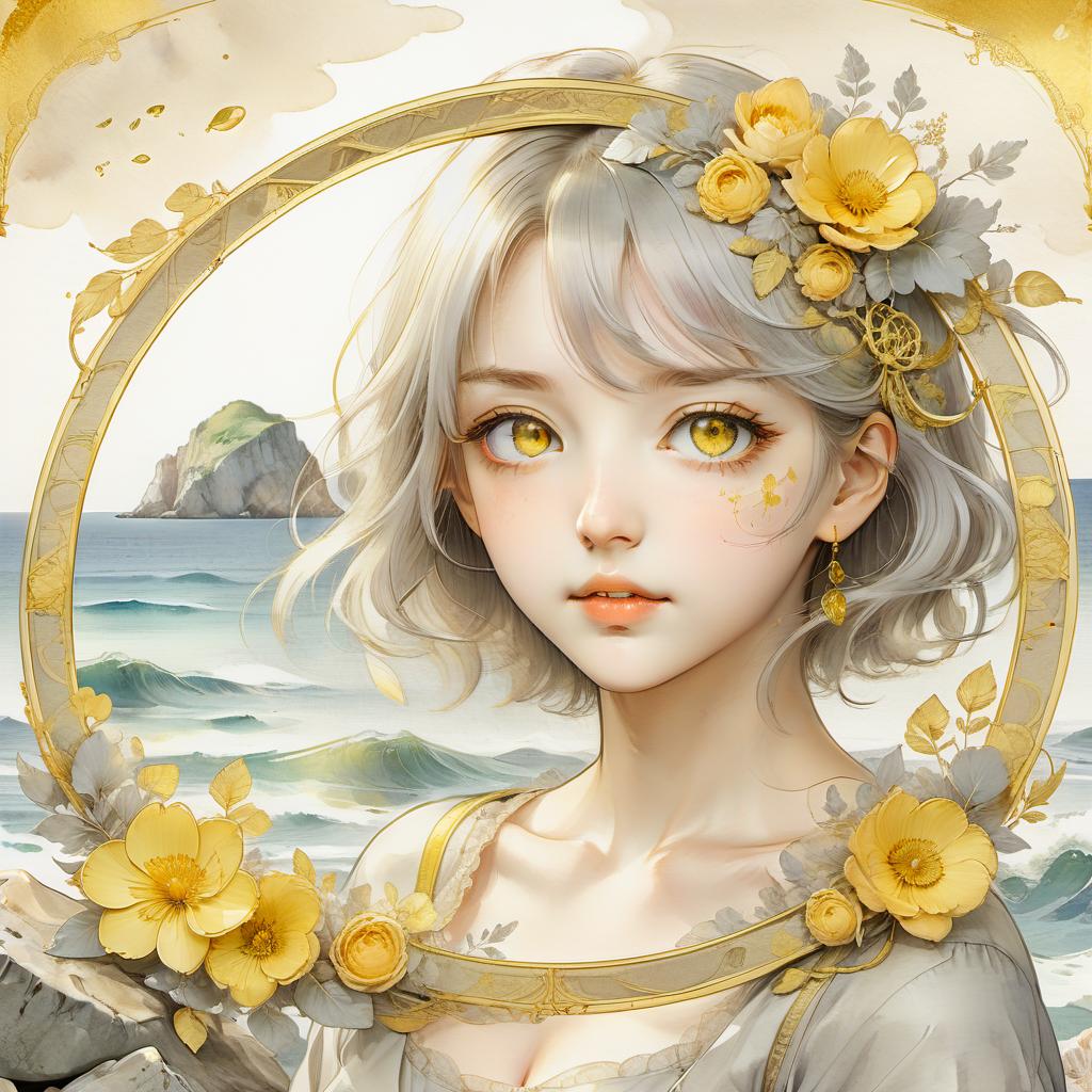  anime artwork the face of the girl in an oval frame with gold drawings on the oval of three half arcs, in the frame of oval flowers on the frame, the portrait of the girl is made in delicate yellow and gray tones, watercolor, in the background the sea and rocks, a blurred background. . anime style, key visual, vibrant, studio anime, highly detailed, on parchment