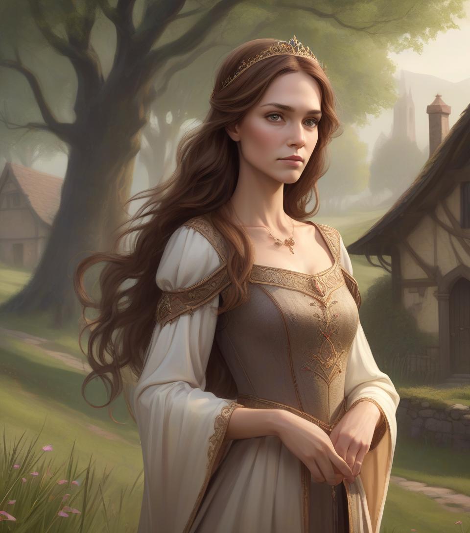  concept art middle age princess, countryside, thin, long brown hair . digital artwork, illustrative, painterly, matte painting, highly detailed