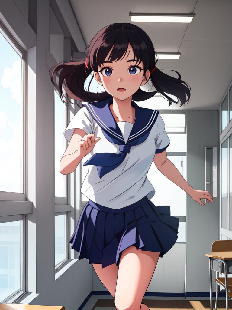  girl running in school, sailor suit, running, inside the school, masterpiece, best quality,8k,ultra detailed,high resolution,an extremely delicate and beautiful,hyper detail