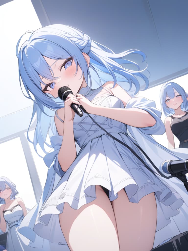  light blue hair, light blue, bob hair, with a microphone, yay, live, masterpiece, best quality,8k,ultra detailed,high resolution,an extremely delicate and beautiful,hyper detail