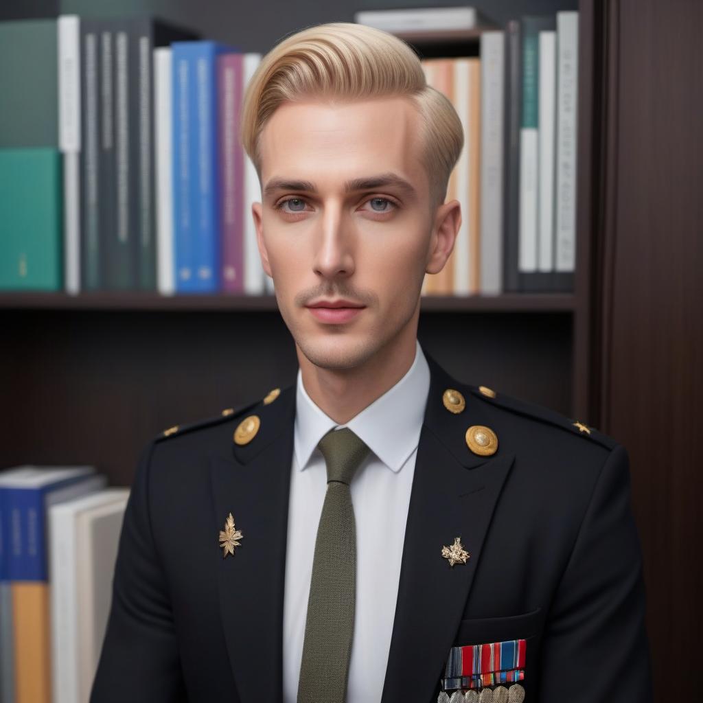  A man in a military uniform The face is European Blonde hair hyperrealistic, full body, detailed clothing, highly detailed, cinematic lighting, stunningly beautiful, intricate, sharp focus, f/1. 8, 85mm, (centered image composition), (professionally color graded), ((bright soft diffused light)), volumetric fog, trending on instagram, trending on tumblr, HDR 4K, 8K