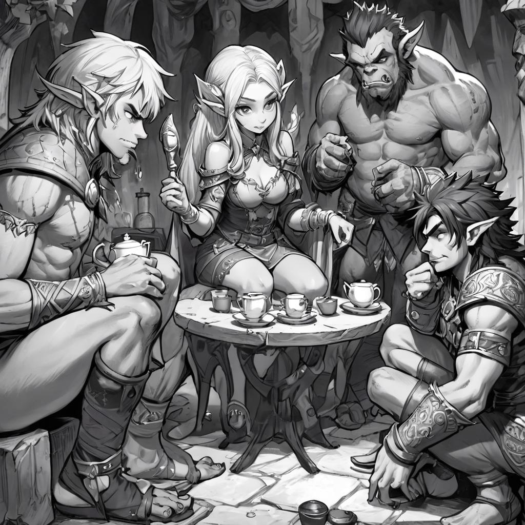  manga artwork fantasy, greyscale monochrome, manga materials, tea party between orc, elf, gnoll, human and dwarf, fullsize body view, legs. manga artist. manga, highly emotional. best quality, high resolution