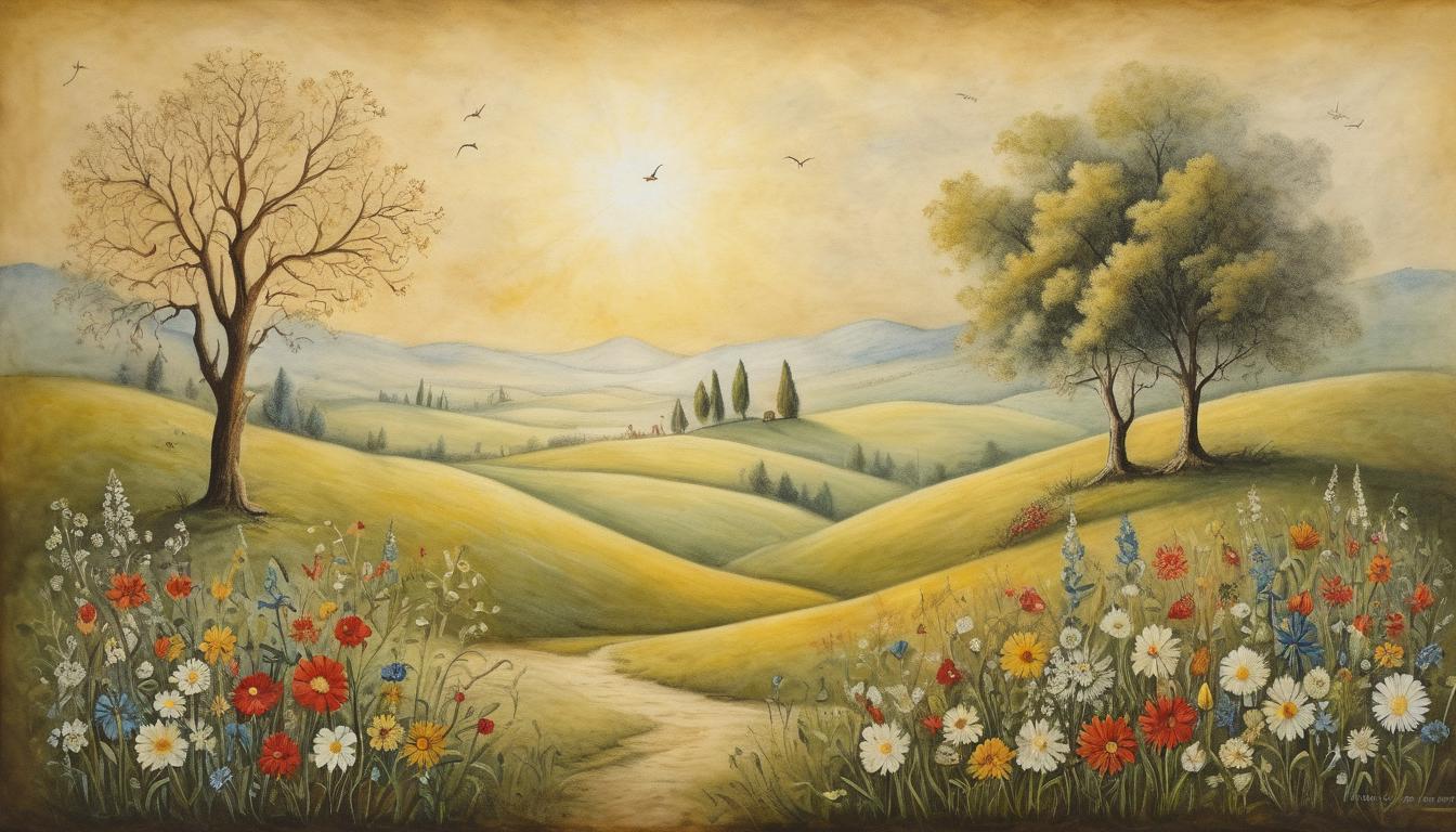  on parchment, surrealism++, serene meadow, blooming flowers, warm sunlight, symbolizing prayer and divine connection(mysterious, provocative, symbolic)++