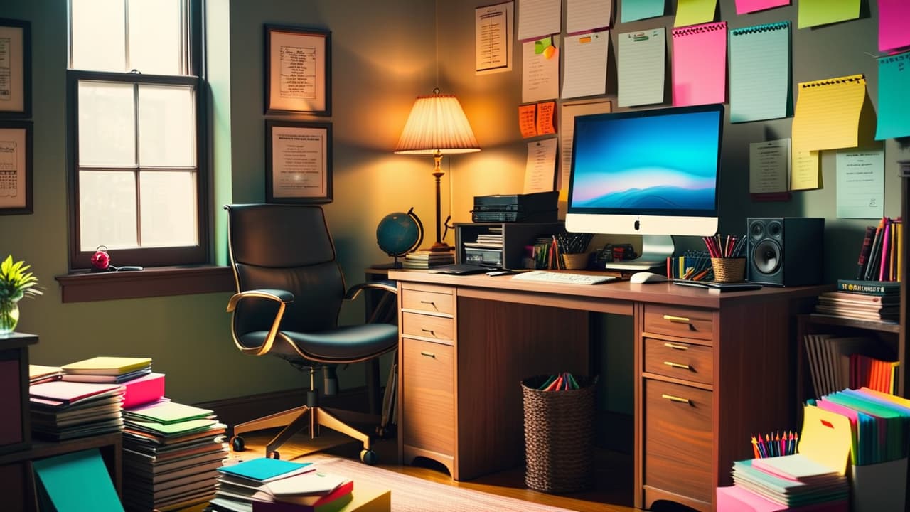  a cluttered home office scene featuring a stylish desk with essential supplies like sleek pens, colorful sticky notes, and a laptop, contrasted with a chaotic corner of unused, dusty items and tangled cords. hyperrealistic, full body, detailed clothing, highly detailed, cinematic lighting, stunningly beautiful, intricate, sharp focus, f/1. 8, 85mm, (centered image composition), (professionally color graded), ((bright soft diffused light)), volumetric fog, trending on instagram, trending on tumblr, HDR 4K, 8K