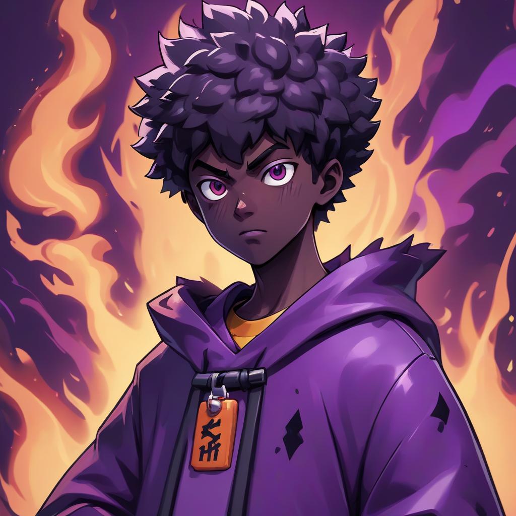  a close up of a person standing in front of a fire, mob psycho 100, more dark purple color scheme, in the skin of fortnite, afro samurai manga style, wall, black ooze, dramatic impactful colors, inspired by shitao, electric sheep, enter the void, dark pruple robes, him, eboy, backdrop