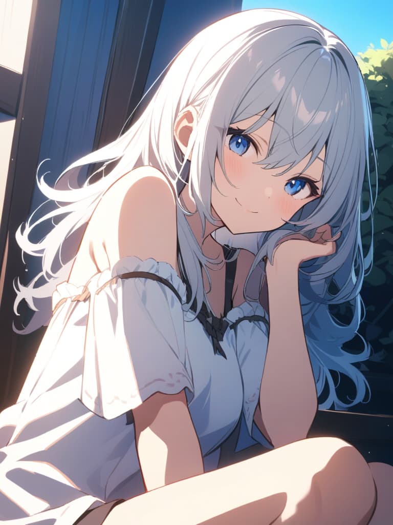  ((white hair,beautiful ,long hair,beautiful,blue eyes,smiling,cute,cute smile,refreshing,blue sky background,white ,smiling))、ultra detailed,best shadow,cute and beautiful face,(masterpiece:1.2),(best quality:1.2),detailed background,high contrast,(best illumination,an extremely delicate and beautiful),((cinematic light)),hyper detail,dramatic light,intricate details,8k,anime,very aesthetic