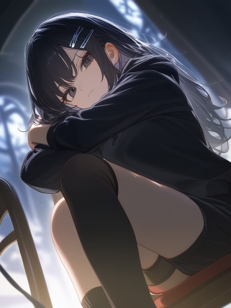  ((arms crossed,straight hair,black hair,black eyes,tsundere,serious face,cute,beautiful girl,hairpin,black hoodie,legs crossed,hoodie dress,bottom view,sitting on chair,knee high socks,black knee high socks))、ultra detailed,best shadow,cute and beautiful face,(masterpiece:1.2),(best quality:1.2),detailed background,high contrast,(best illumination,an extremely delicate and beautiful),((cinematic light)),hyper detail,dramatic light,intricate details,8k,anime,very aesthetic