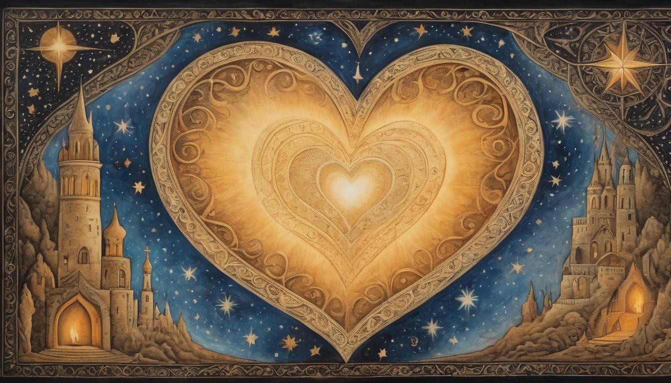  on parchment, surrealism++, heart illuminated, glowing, surrounded by soft warm light, gentle aura of divine presence, intricate star filled patterns, night sky backdrop(mysterious, provocative, symbolic)++