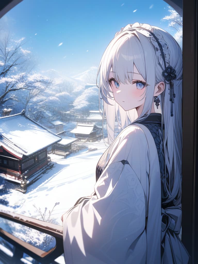  girls, white skin, frills, white hair, long hair, light blue gradation hair color, light blue eyes, snow scenery, headdress, kimono, short length, masterpiece, best quality,8k,ultra detailed,high resolution,an extremely delicate and beautiful,hyper detail