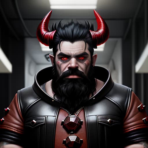  portrait of dwarf with black hair, black beard, black horns, red leather, demonic eyes, modern clothes in the mining base of the deep rock galaxy mining company