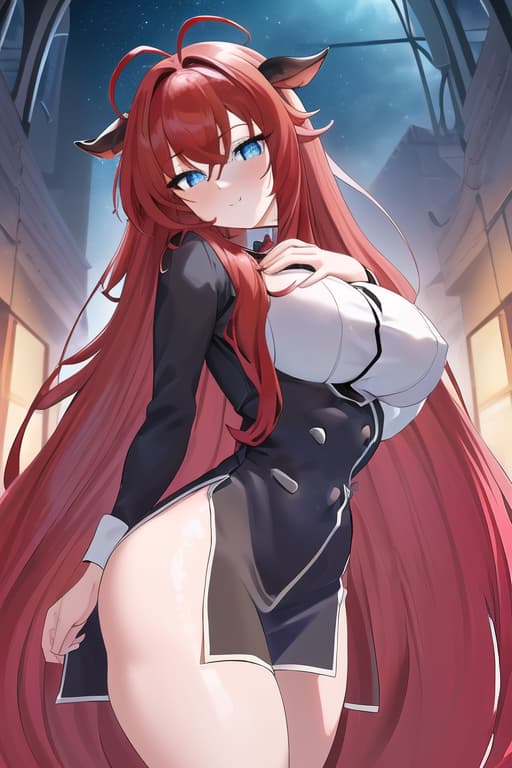  no no no clothes,masterpiece, best quality, 1women, long red hair, looking at viewer, :3, cute, black uniform, outdoors, streets, cow shot, curvy, (((blue eyes))), rias gremory, red hair, antenna hair, wavy hair, ((beautiful detailed eyes, beautiful detailed glow, lots of glow)), anime screencap