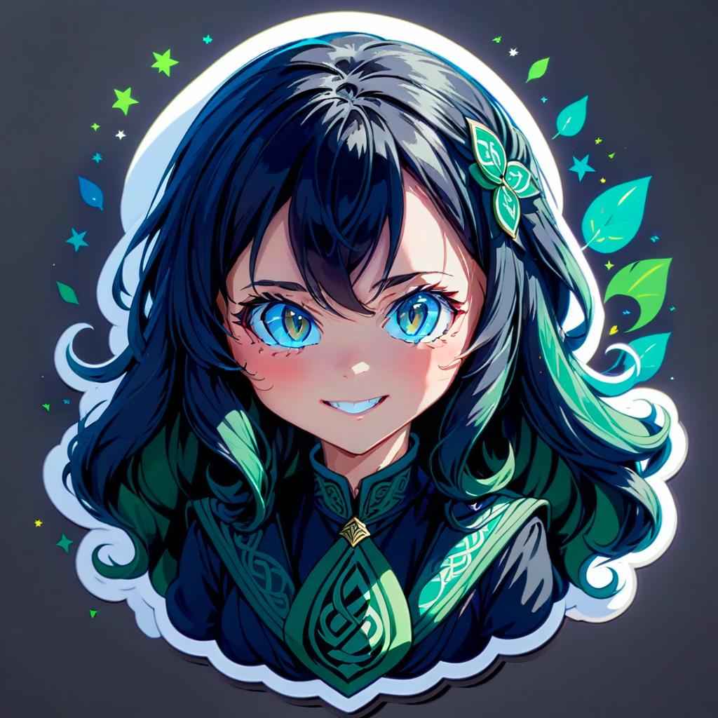  anime artwork girl, long black hair, blue eyes, shape of slytherin. smile, sticker . anime style, key visual, vibrant, studio anime, highly detailed, sticker