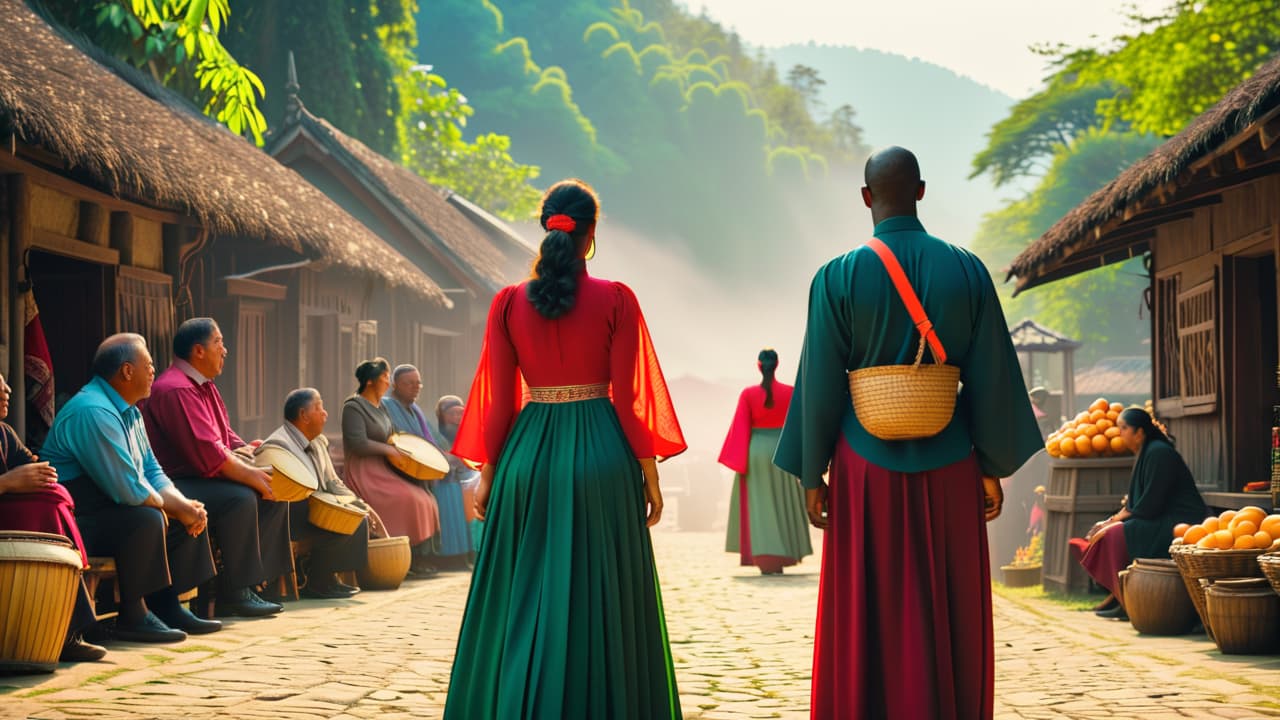  a vibrant scene showcasing diverse travelers exploring ancestral villages, engaging with local crafts, traditional dances, and historical landmarks, surrounded by lush landscapes, colorful markets, and rich cultural artifacts that reflect their heritage. hyperrealistic, full body, detailed clothing, highly detailed, cinematic lighting, stunningly beautiful, intricate, sharp focus, f/1. 8, 85mm, (centered image composition), (professionally color graded), ((bright soft diffused light)), volumetric fog, trending on instagram, trending on tumblr, HDR 4K, 8K