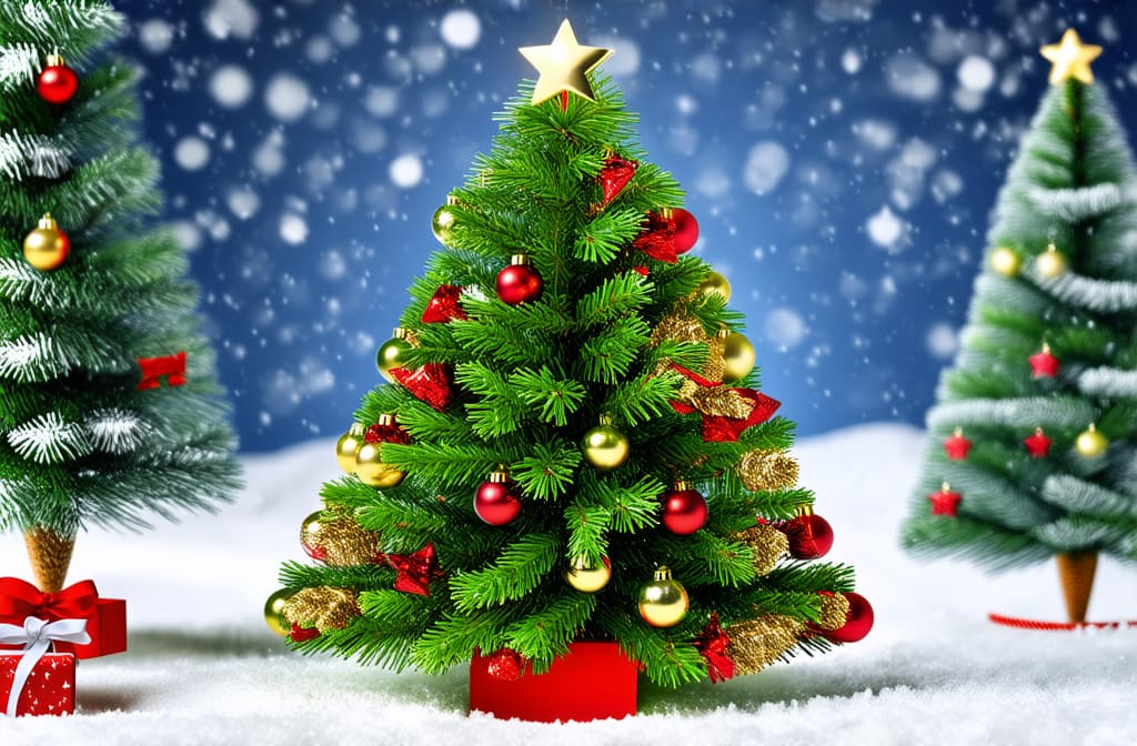  christmas tree with decoration on snowy background with copy space ar 3:2 {prompt}, maximum details