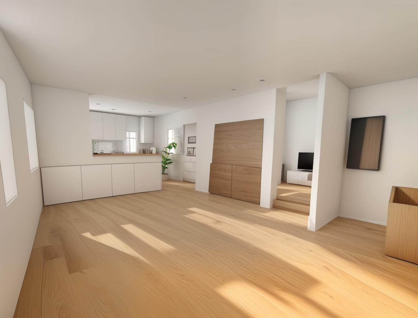  produce a photorealistic rendering of a minimalist living room with a wooden floor. the space should feature a simple, modern sofa as the focal point, with clean lines and neutral colors that complement the natural wood grain of the flooring.