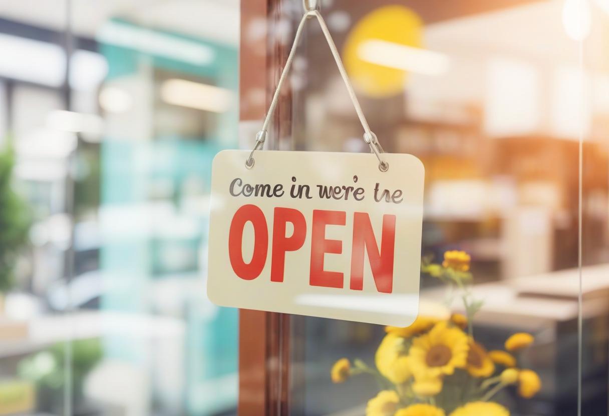  come in we're open on the glass door of the store, white background at sunny noon