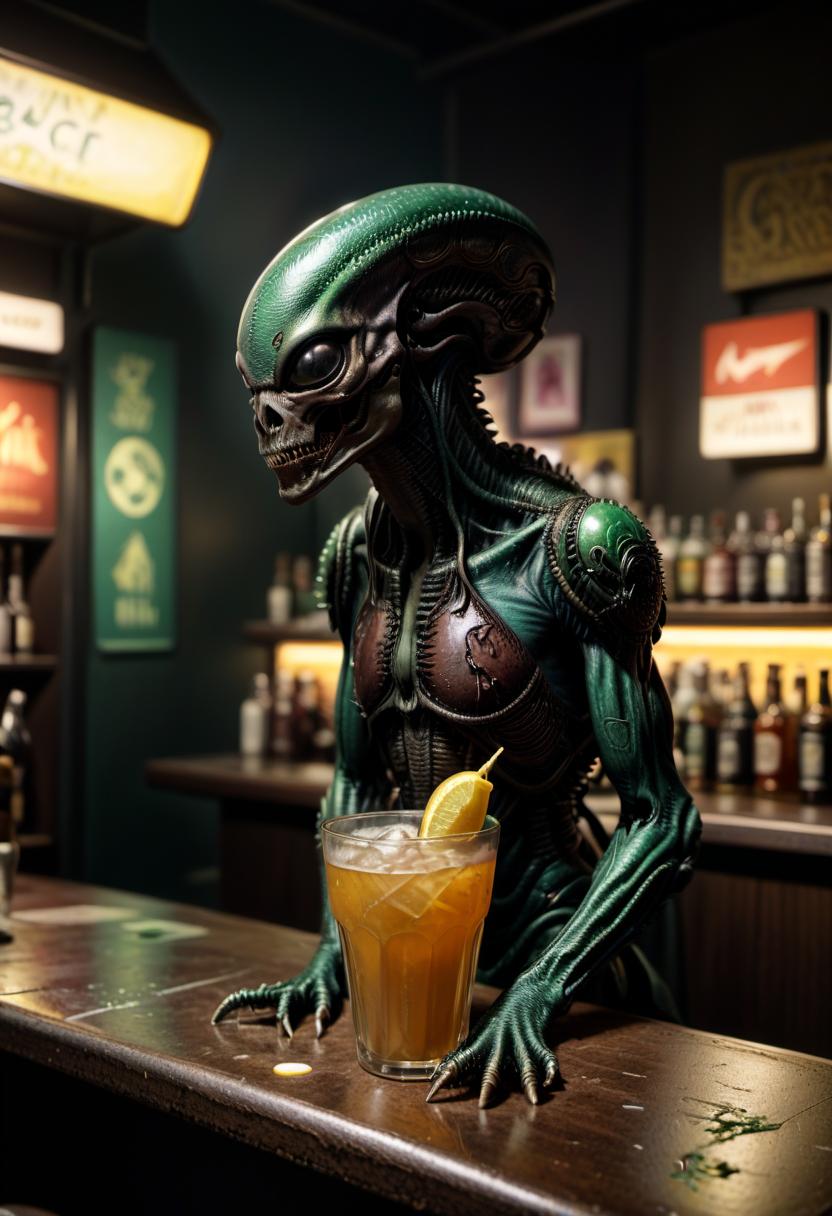  breathtaking xenomorph and cthulhu drink in a bar and snack on hot wax painting style flybirds . award winning, professional, highly detailed, civitai