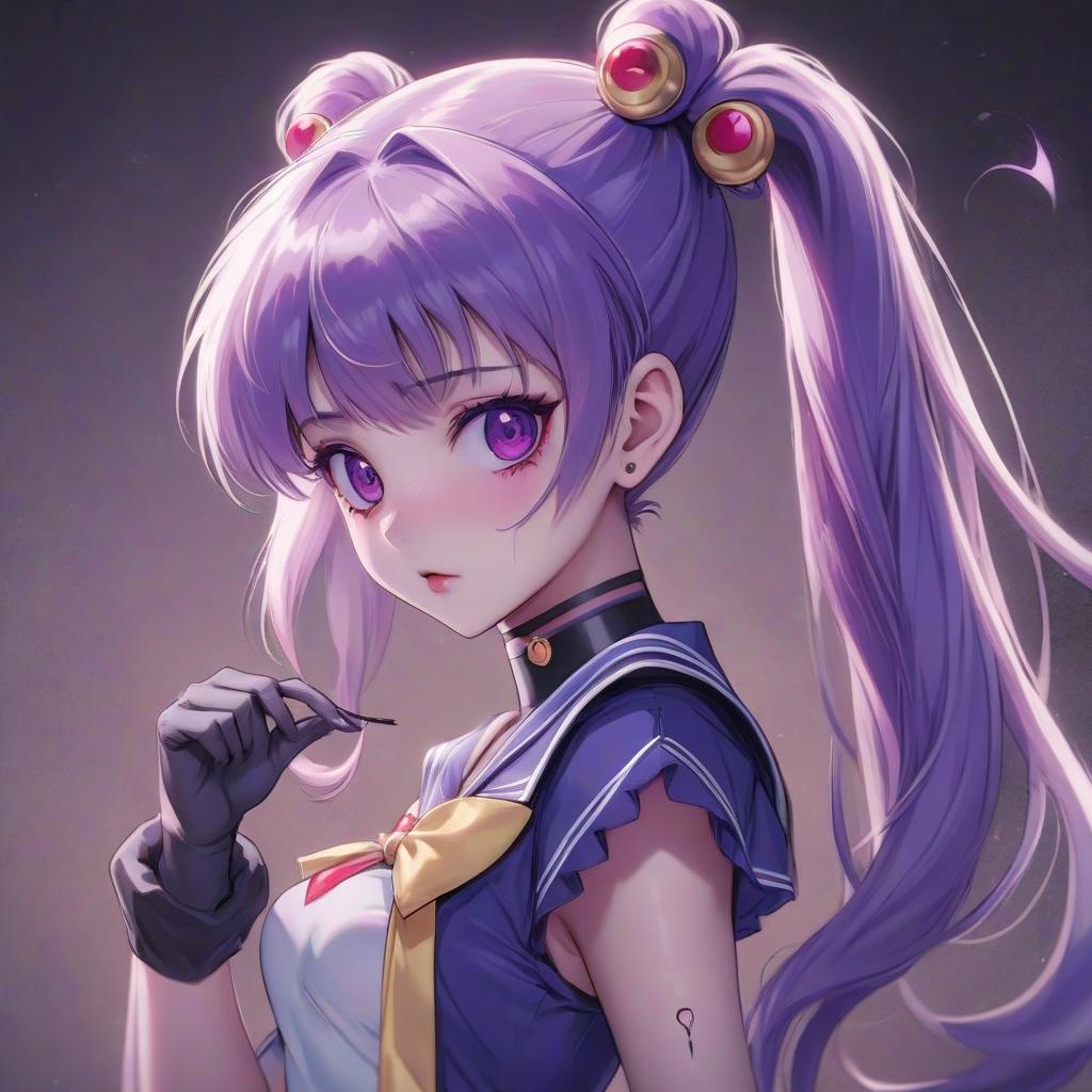  anime artwork anime style, gothic style, girl with purple hair, girl with ponytail, bandage on one eye, sailor moon costume, gothic makeup . anime style, key visual, vibrant, studio anime, highly detailed, hkmagic