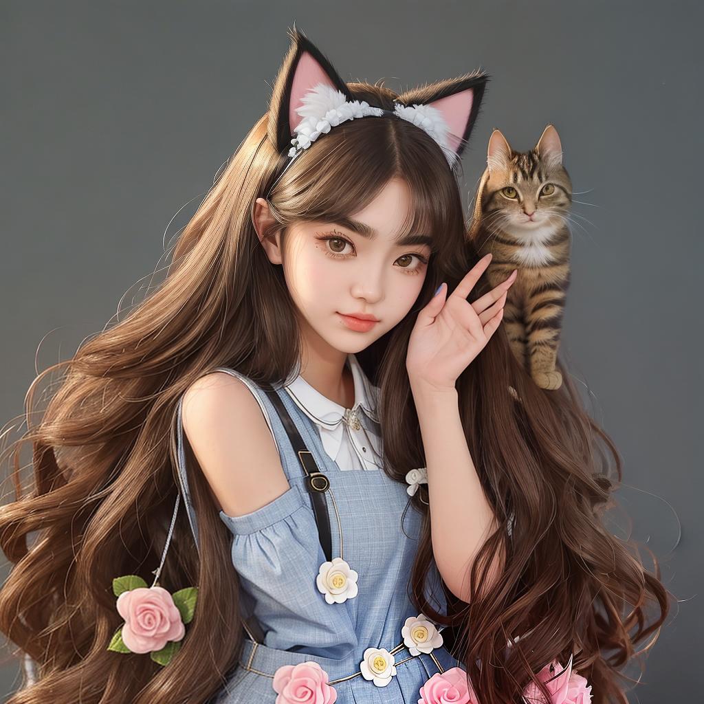  masterpiece, best quality, hot girl, bushy eyebrows, cat ears, royal sister, solid background, higher quality, bust, perfect face, delicate features, long hair, clean background, a figure, simple suspenders