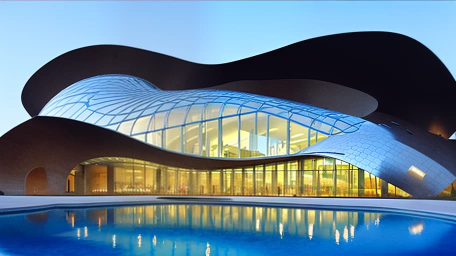 dvarchmodern create a concept concert complex that resembles the shape of a fish, made in a modern architectural style. the frame of the building should resemble a fish skeleton. use modern materials such as glass, metal and concrete to emphasize the elegance and dynamism of the design. the complex should harmoniously fit into the site with a significant relief, given the height difference of 28 meters for 215 meters. include elements that reflect the acoustic properties and aesthetics of the aquatic environment, as well as comfortable areas for spectators and artists. consider the lighting and landscape designs that emphasize the concept of "fish" and create the atmosphere at concerts., geometric , structural , aesthetic , by julius shulman, andreas gu