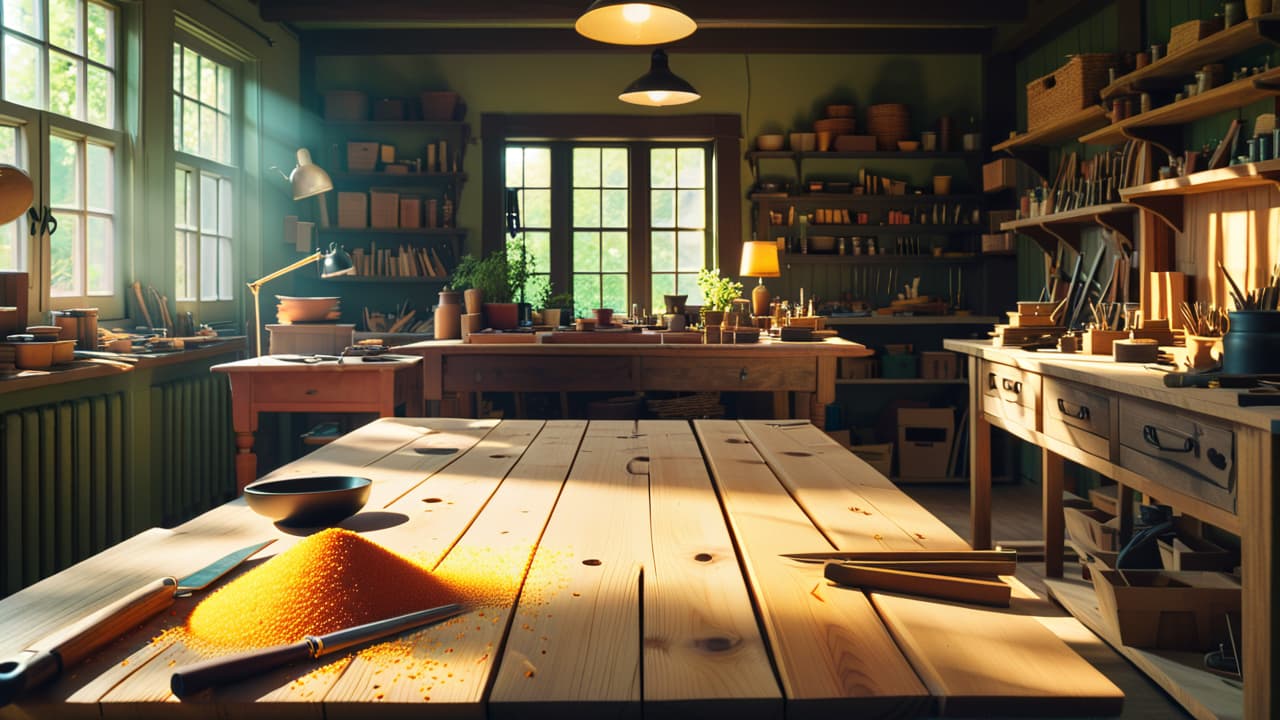  a beautifully crafted wooden table in a sunlit workshop, surrounded by various woodworking tools, with shavings scattered on the floor, showcasing both finished and unfinished furniture pieces, evoking a sense of craftsmanship and potential profit. hyperrealistic, full body, detailed clothing, highly detailed, cinematic lighting, stunningly beautiful, intricate, sharp focus, f/1. 8, 85mm, (centered image composition), (professionally color graded), ((bright soft diffused light)), volumetric fog, trending on instagram, trending on tumblr, HDR 4K, 8K