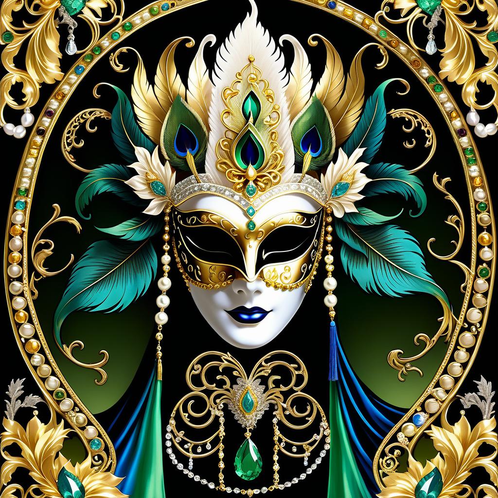  dreamscape (background):black silk cloak, topazes, rubies, emeralds, gold candlestick with white gold flame. ((the eye slits reflect the contours of the palaces and canals of venice1,9)). ((half mask columbine) a mask covering only part of the face. silver mask:with gold patterned ornamentation. colours:light green, blue, pearl cream, peacock feathers, gold and silver beads, gold leaf, gemstones, venetian lace, rhinestones, beads. (style):fantasy, renaissance, dream, mystery, mystery, dream, italy, venice, barcarolle, minestrel. . surreal, ethereal, dreamy, mysterious, fantasy, highly detailed