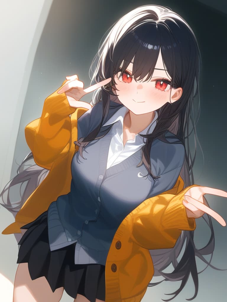  cute face focus,cute,black hair,red eyes,y posing,cardigan,pleats skirt ,long hair