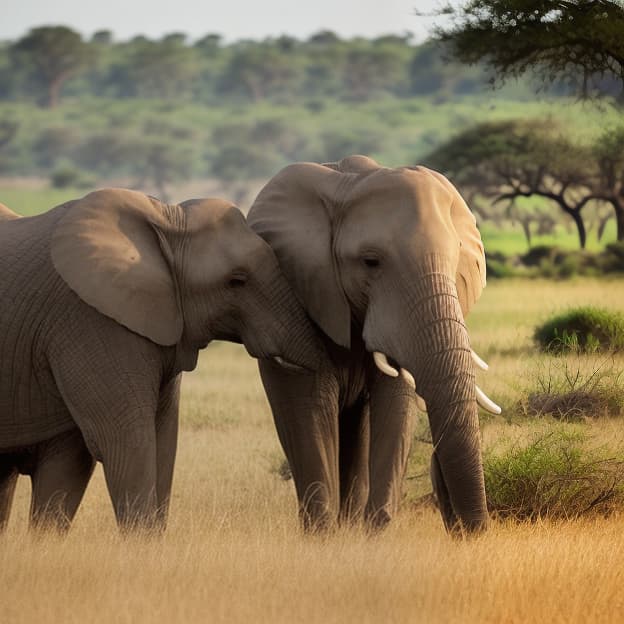  two majestic elephants standing side by side, their trunks intertwined and forming a graceful v shape. the scene is set in a lush, sunlit savanna, with tall grass and acacia trees in the background. the elephants are depicted with intricate details, showcasing their wrinkled skin, large ears, and soulful eyes. the sunlight filters through the trees, casting dappled shadows on the ground, while a gentle breeze ruffles the grass, adding a sense of movement to the serene moment. the overall atmosphere is peaceful and harmonious, emphasizing the bond between the two elephants.