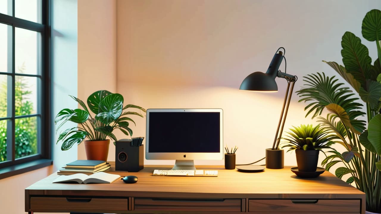  a sleek modern home office featuring a stylish led desk lamp casting a warm glow over a wooden desk, surrounded by minimalist decor, lush indoor plants, and a contemporary laptop, all in soft, inviting colors. hyperrealistic, full body, detailed clothing, highly detailed, cinematic lighting, stunningly beautiful, intricate, sharp focus, f/1. 8, 85mm, (centered image composition), (professionally color graded), ((bright soft diffused light)), volumetric fog, trending on instagram, trending on tumblr, HDR 4K, 8K