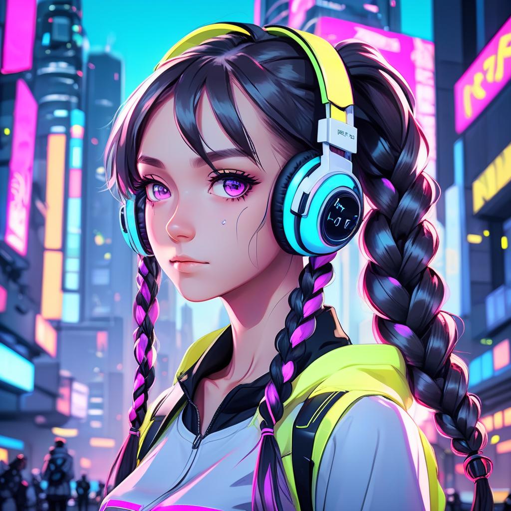  girl anime gamer in neon headphones against the background of the city of the future, hairstyle with two braids ponytails