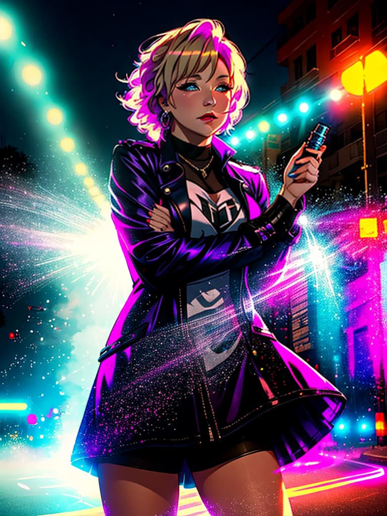  A younger country singer Tanya Tucker, medium shot, upper body, spotlight, long exposure lighting, street art style spray paint, glamour lighting