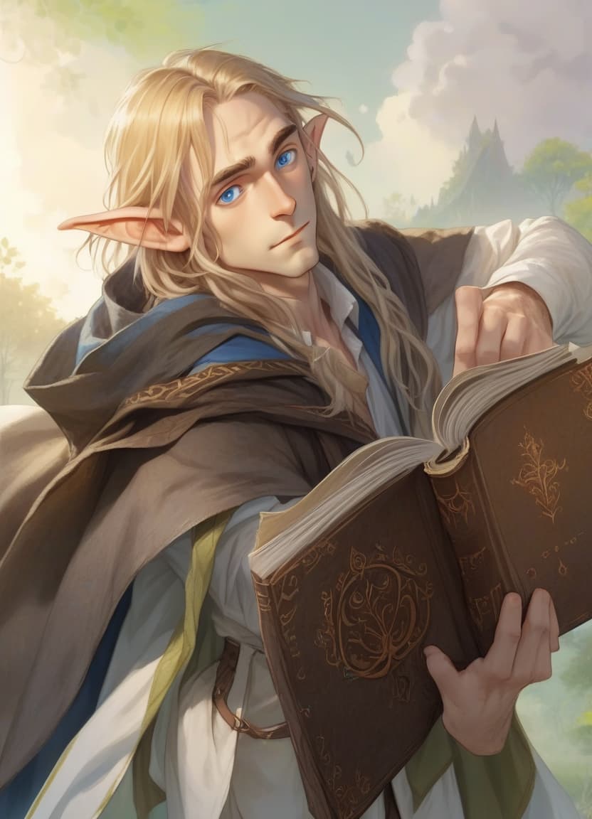  a beautiful young elf with long straw hair and blue eyes, dressed in a white shirt and beige pants, hangs a brown cloak on his shoulders, holds an open book in his hands