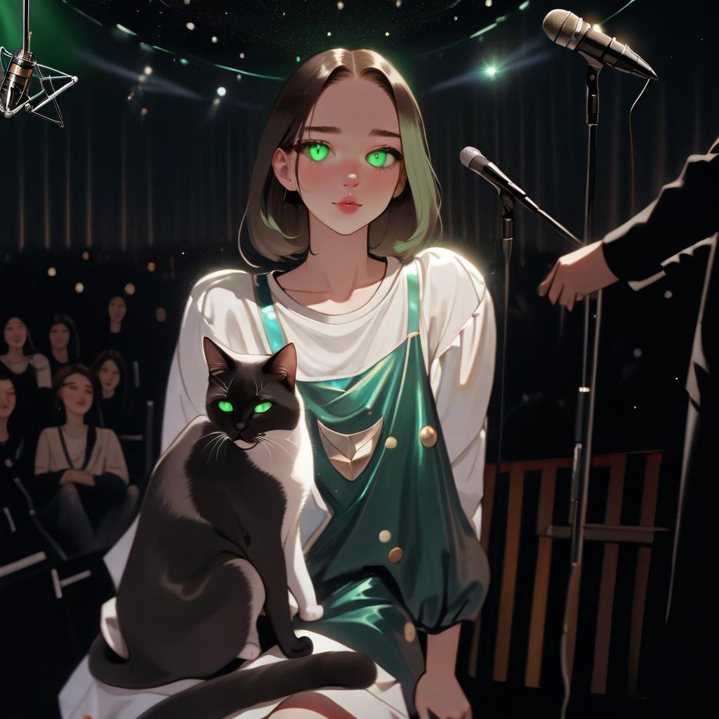  girl with dark green eyes, two cats, space, spotlights, view from the stage, microphone, music, royal grace