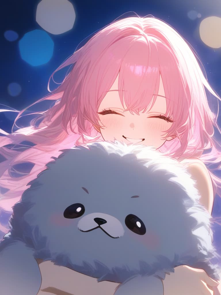  masterpiece,light tones,one girl,{two toned hair color: (delicate pink hair color),(delicate light blue hair color)},fluffy hair,eyes closed,smiling,hugging a fluffy stuffed sloth,face focus,stardust background,dream world,淡い色合い,high quality,16k