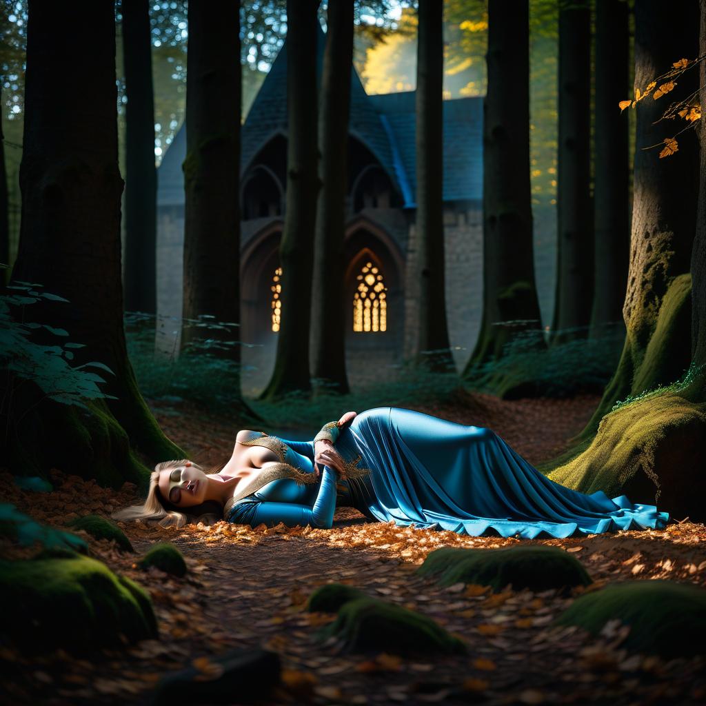  a beautiful with a beautiful figure and a , with a nice face, with blue eyes and a prone look, is worth full height, , in the woods with a medieval castle hyperrealistic, full body, detailed clothing, highly detailed, cinematic lighting, stunningly beautiful, intricate, sharp focus, f/1. 8, 85mm, (centered image composition), (professionally color graded), ((bright soft diffused light)), volumetric fog, trending on instagram, trending on tumblr, HDR 4K, 8K