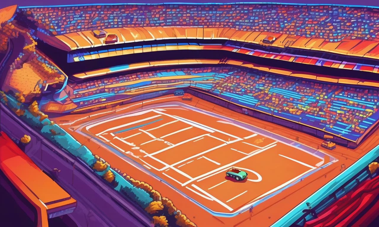  retro game art the arena for the battles of cars, racing track, the view from the inside, close up, the stands, view of the stands from the bottom up, floodlights, bright colors, pure colors . 16 bit, vibrant colors, pixelated, nostalgic, charming, fun