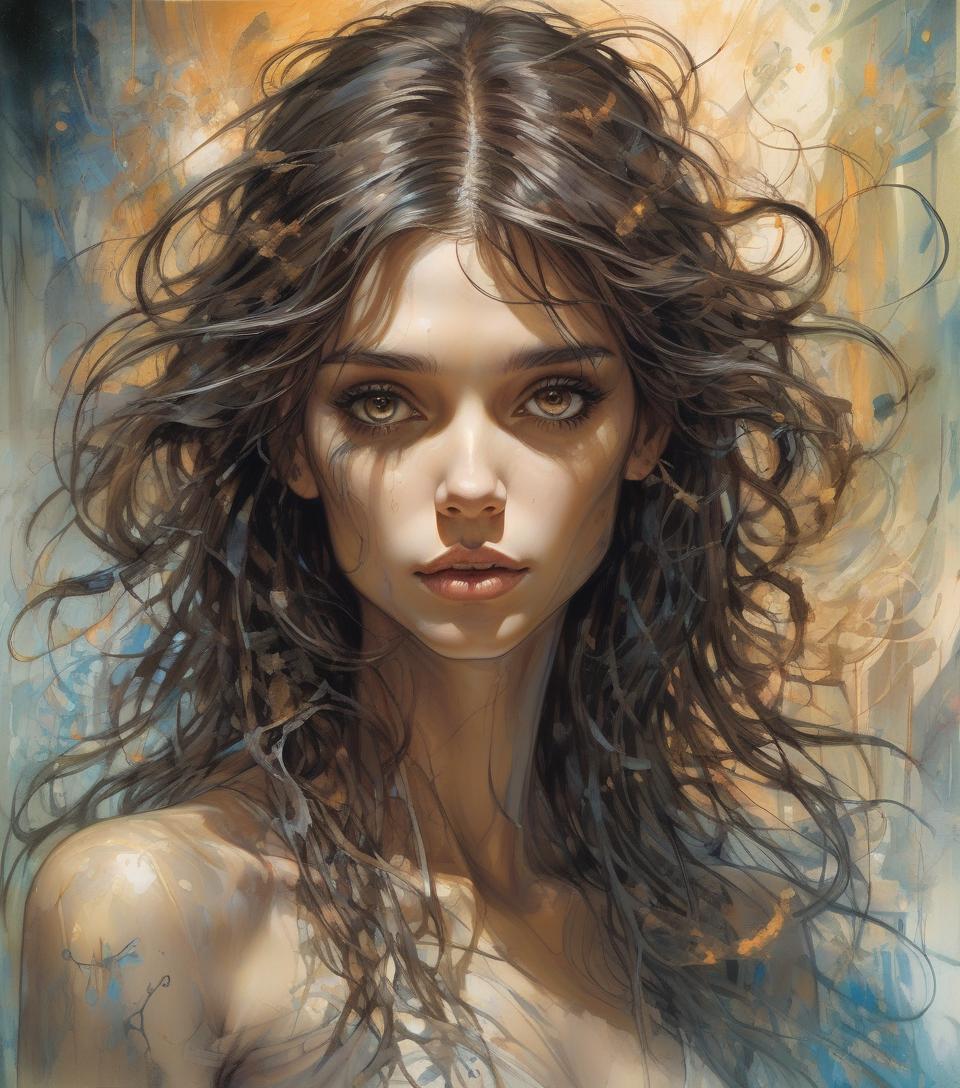  a beautiful girl, dark brown eyes, messy shoulder length hair, in a surreal and fantastical setting, combining the artistic styles of jose royo, boris vallejo, julie bell, carne griffiths and brian froud, precise anatomy, with a centered symmetrical composition , double exposure, volumetric lighting, detailed ink splashes, art deco style, comic book style art, vector, line art, rays, bright color highlights