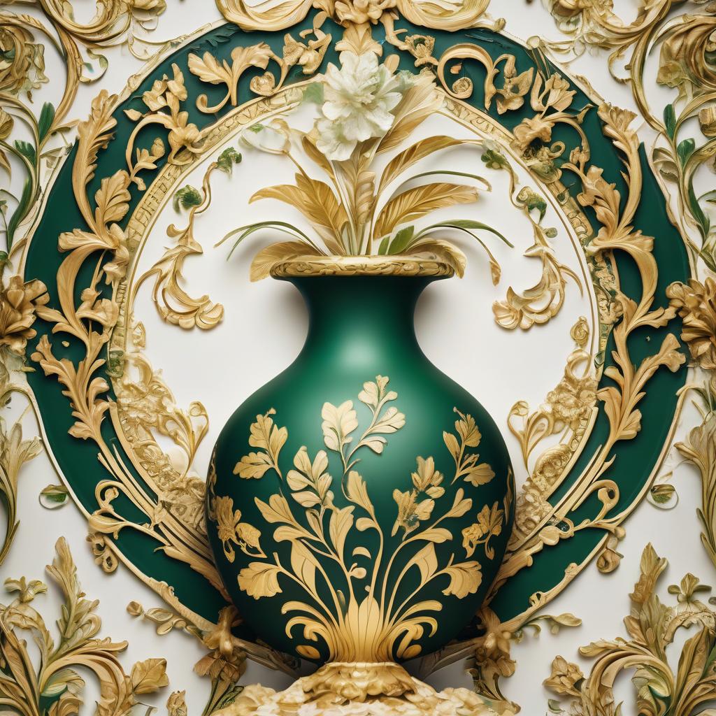  cinematic film still create a decoupage card on a white background presents a rich baroque decorative pattern with elements characteristic of the versace brand. the main colours are champagne, gold and blue. the gold elements form intricate ornaments in the form of vases, leaves and curls. the gold vases in the upper part of the pattern are combined with elegant plant motifs. the lower part of the pattern also features floral patterns. green lines and details emphasise the complexity and depth of the pattern, adding contrast to the black and gold combination. . shallow depth of field, vignette, highly detailed, high budget, bokeh, cinemascope, moody, epic, gorgeous, film grain, grainy