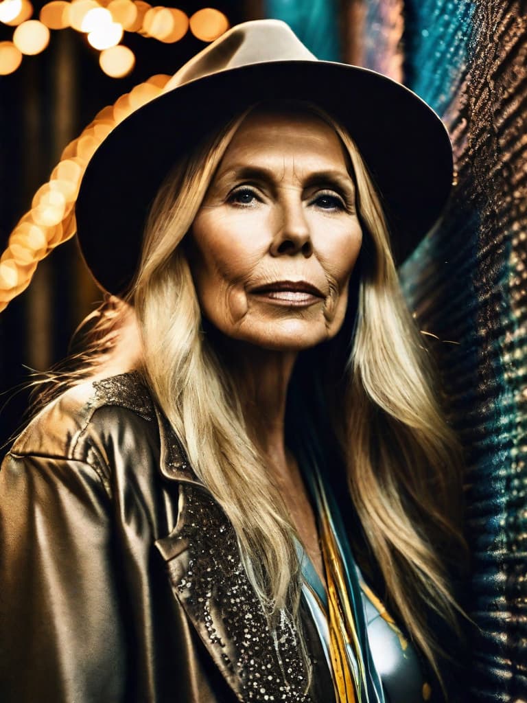  A younger Country singer Joni Mitchell, medium shot, upper body, spotlight, long exposure lighting, street art style spray paint, glamour lighting