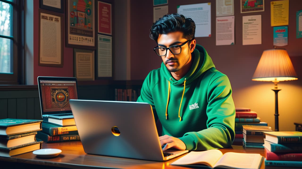  a cozy home study scene featuring a student engaged with a laptop, a virtual tutor on screen, colorful books scattered around, a cup of coffee steaming, and a wall adorned with educational posters. hyperrealistic, full body, detailed clothing, highly detailed, cinematic lighting, stunningly beautiful, intricate, sharp focus, f/1. 8, 85mm, (centered image composition), (professionally color graded), ((bright soft diffused light)), volumetric fog, trending on instagram, trending on tumblr, HDR 4K, 8K