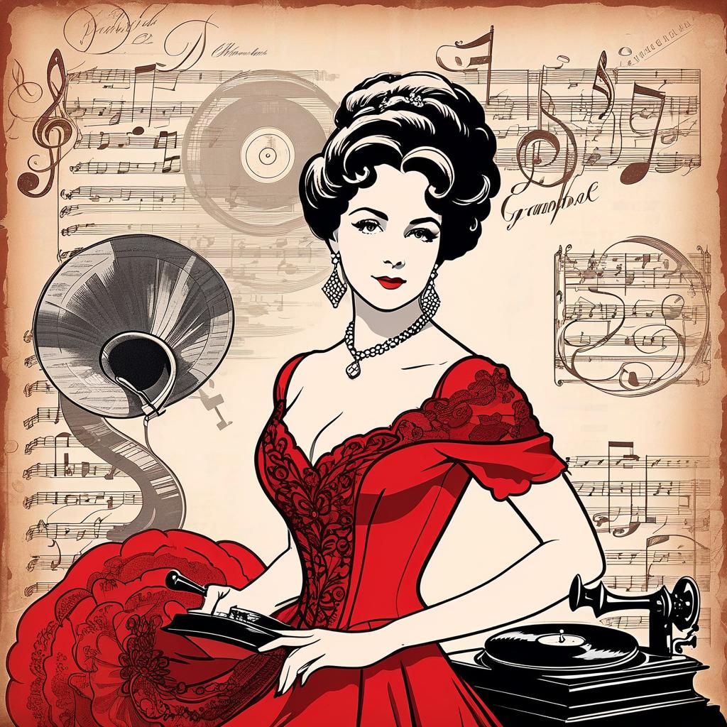  collage style a woman in a red dress of the 19th century. vintage records, gramophone. very beautiful, calligraphic lines., modern processing. , beautiful patterns, illustrations in the style of peter sokolov . mixed media, layered, textural, detailed, artistic