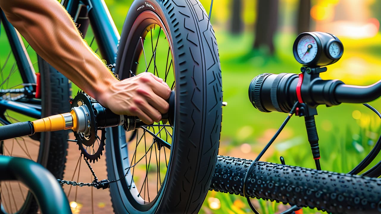  a close up of a cyclist inspecting a shiny bicycle tire with a pressure gauge, surrounded by bike maintenance tools like a pump, tire levers, and a patch kit, set against a vibrant outdoor backdrop. hyperrealistic, full body, detailed clothing, highly detailed, cinematic lighting, stunningly beautiful, intricate, sharp focus, f/1. 8, 85mm, (centered image composition), (professionally color graded), ((bright soft diffused light)), volumetric fog, trending on instagram, trending on tumblr, HDR 4K, 8K