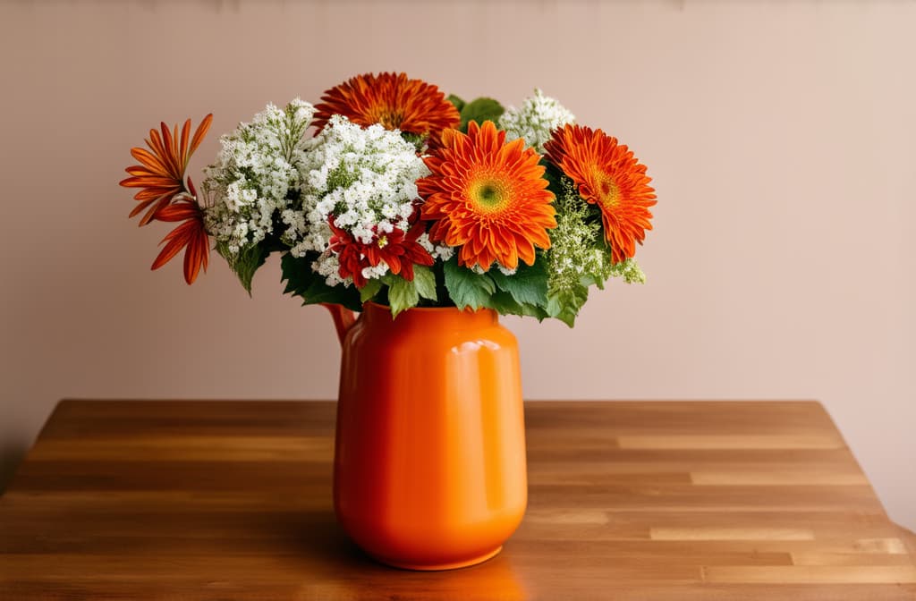  professional detailed photography, autumn composition with orange red and white flowers in orange vase over wooden table with space for text ar 3:2, (muted colors, dim colors, soothing tones), (vsco:0.3)