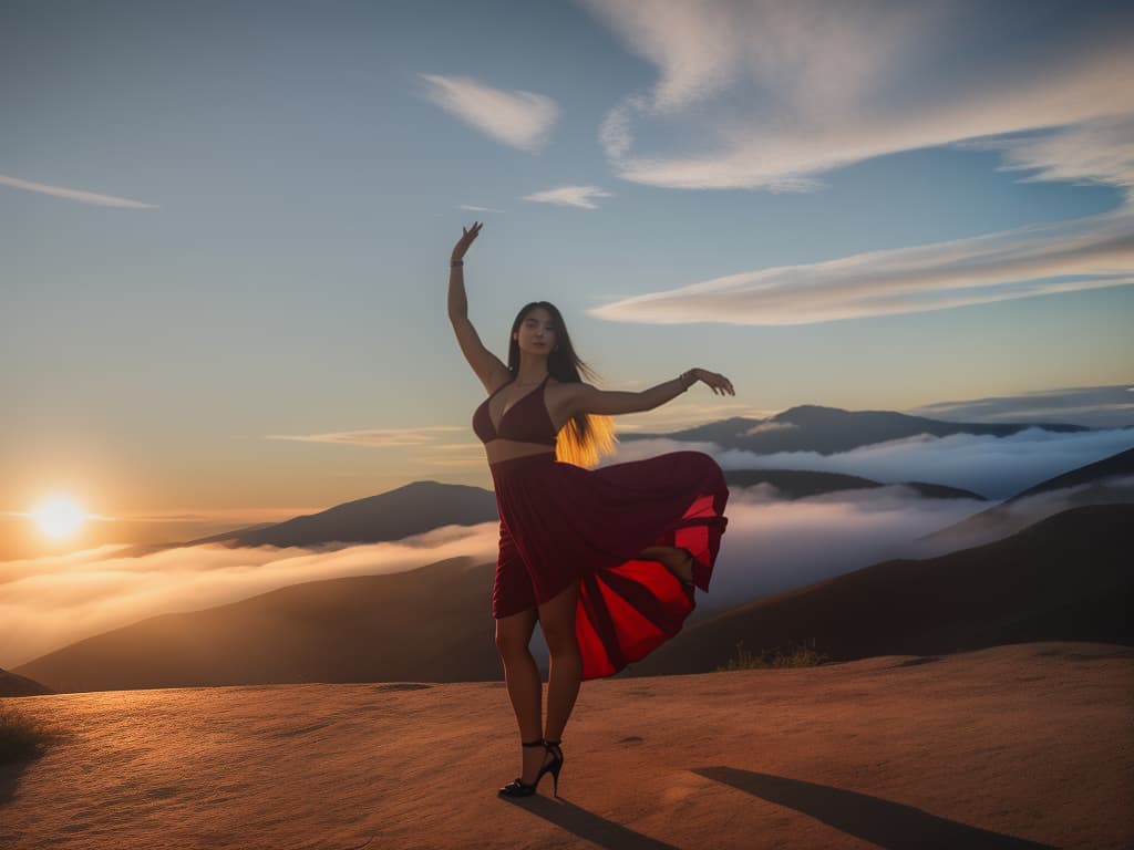  Woman dancing during sunset. hyperrealistic, full body, detailed clothing, highly detailed, cinematic lighting, stunningly beautiful, intricate, sharp focus, f/1. 8, 85mm, (centered image composition), (professionally color graded), ((bright soft diffused light)), volumetric fog, trending on instagram, trending on tumblr, HDR 4K, 8K