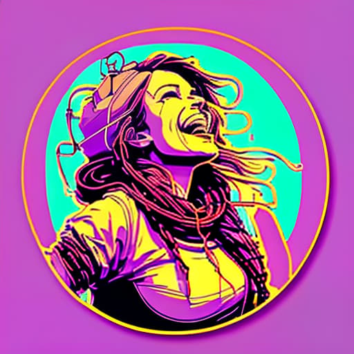 nvinkpunk sticker on a white background a plump women with long dark brown curly wavy hair green eyes in a purple sweater and orange bright beads with lots of jewelry holds a flame in her hand and laughs a sticker with high detail completely framed stickers