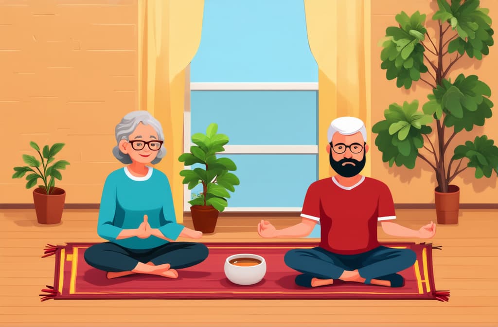  cute old lady and man sitting on the rug and meditating. style flat illustration ar 3:2 {prompt}, maximum details